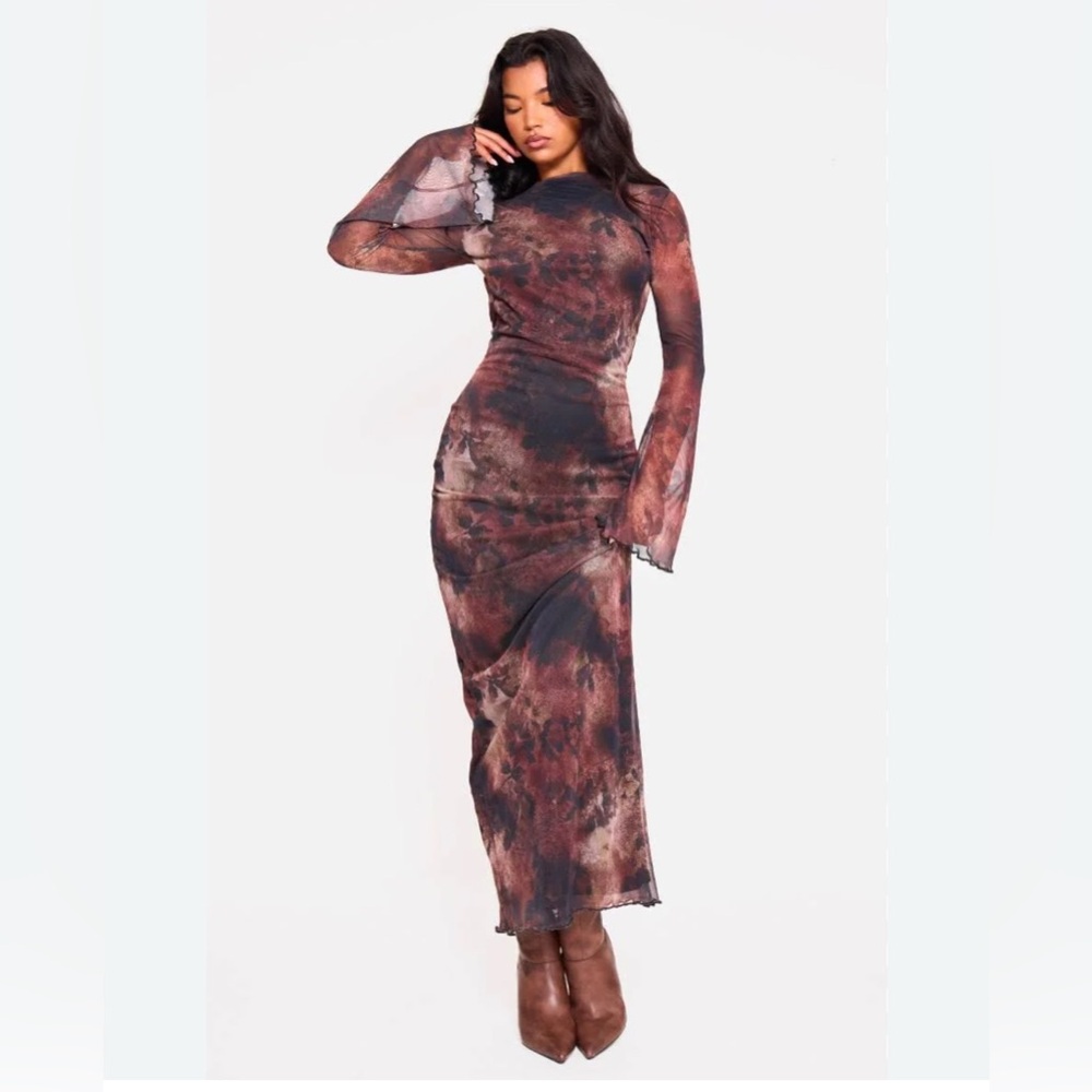 Pretty Little Thing Brown Mesh Long Sleeve Maxi Dress